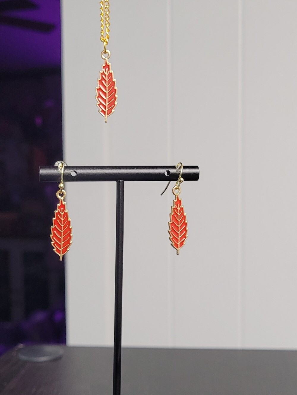 Hand Crafted Red Enamel Leaf Drop Earrings NWT